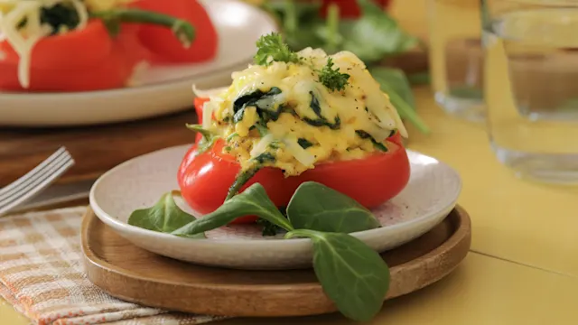 Keto Red Bell Pepper Filled with Creamy Eggs and Spinach